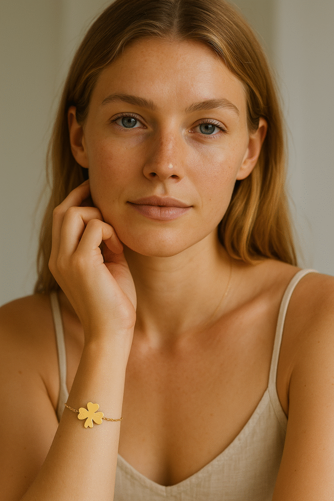 femme avec bracelet trefle 