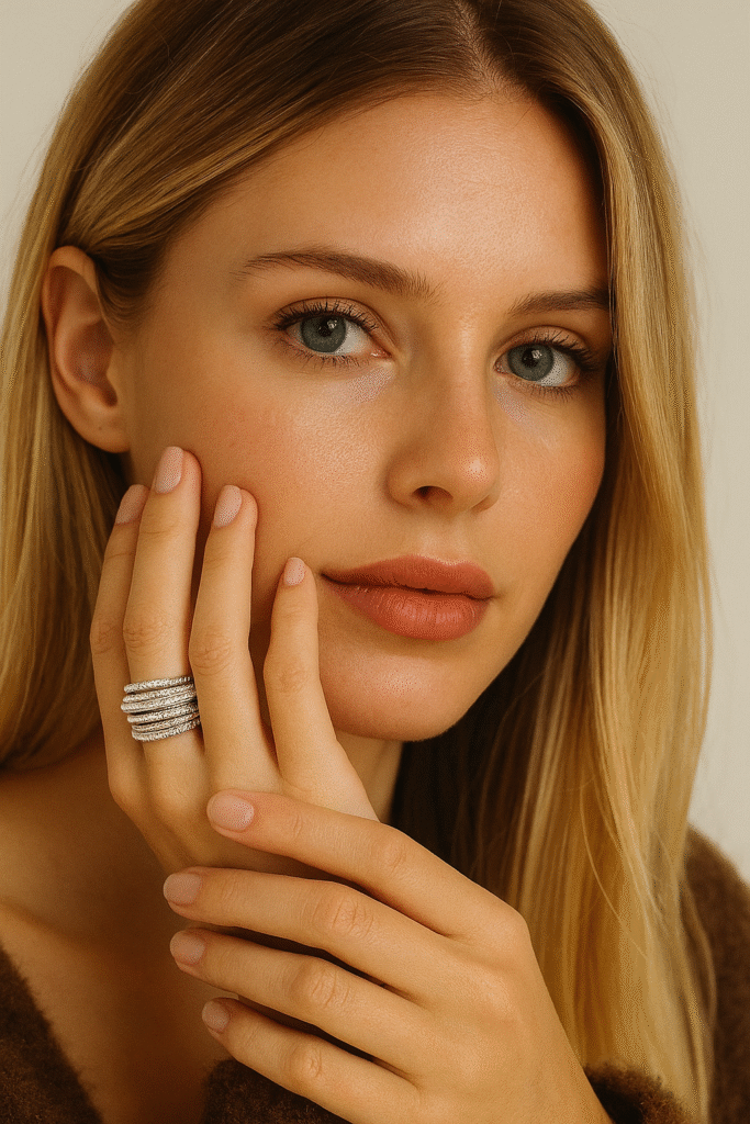 femme avec bague multirangs en argent 