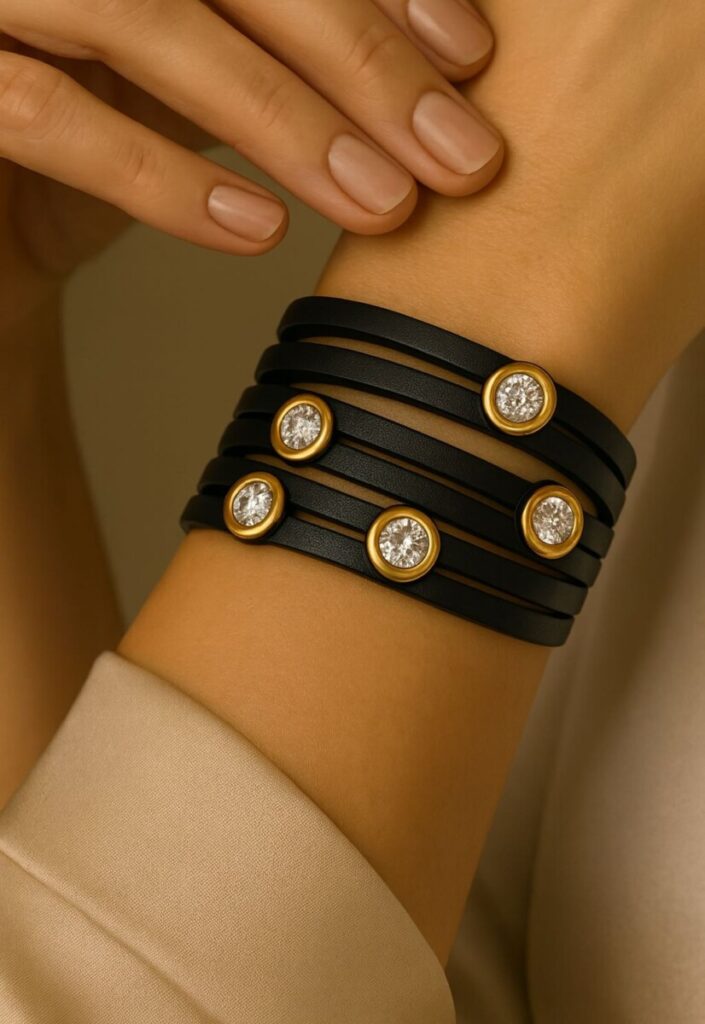 manchette tendance en simili cuir noir avec cristaux 