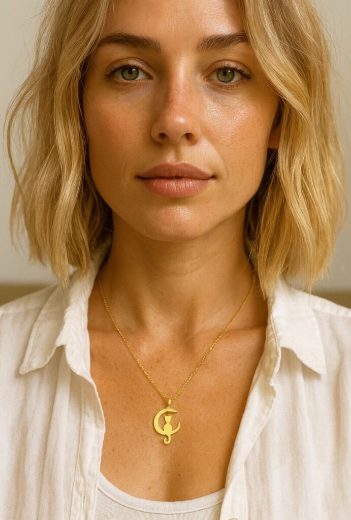 femme avec collier lune et chat