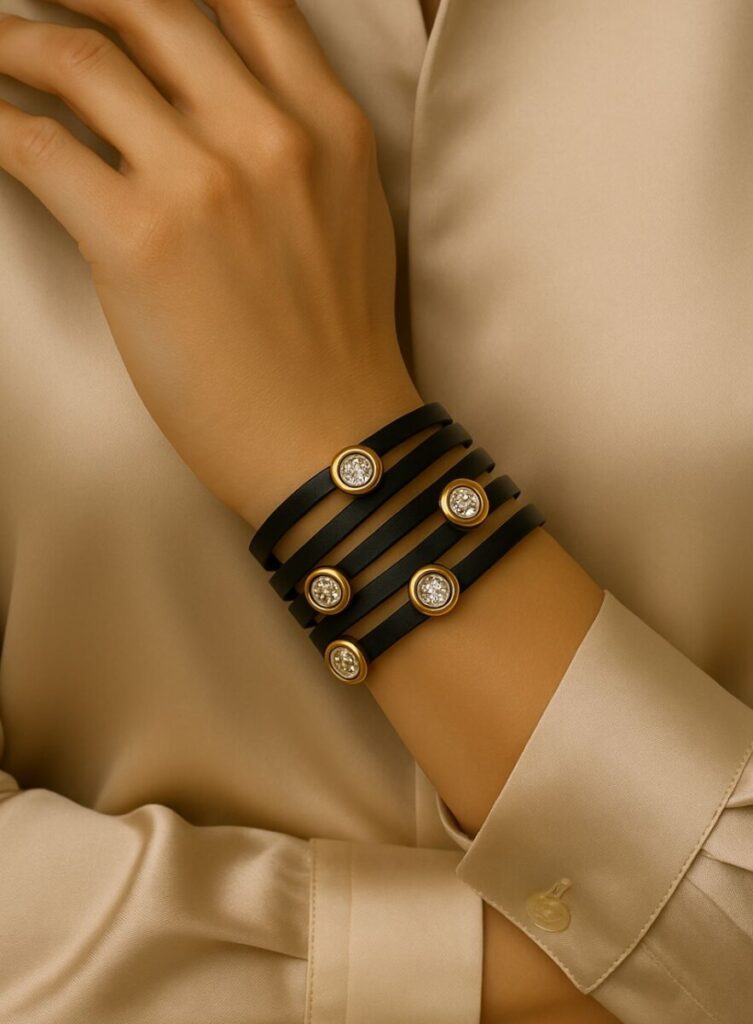 poignet avec bracelet multirangs en cuir noir