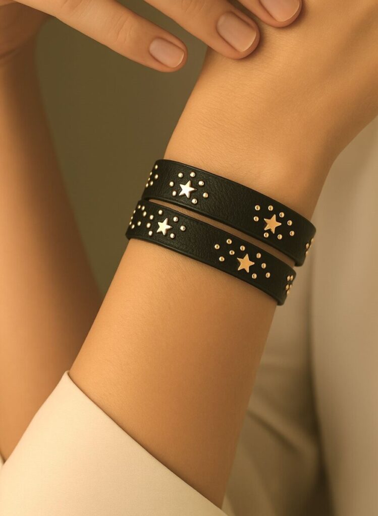 bracelet simili cuir noir pour femme avec etoiles