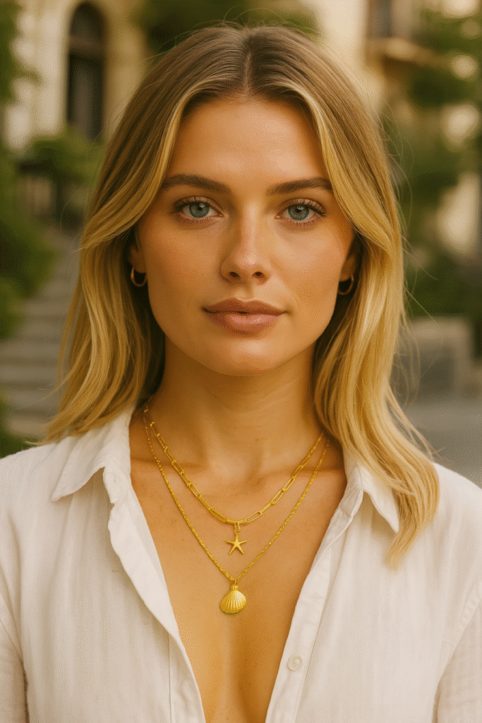 collier double rang avec coquillage en acier inoxydable