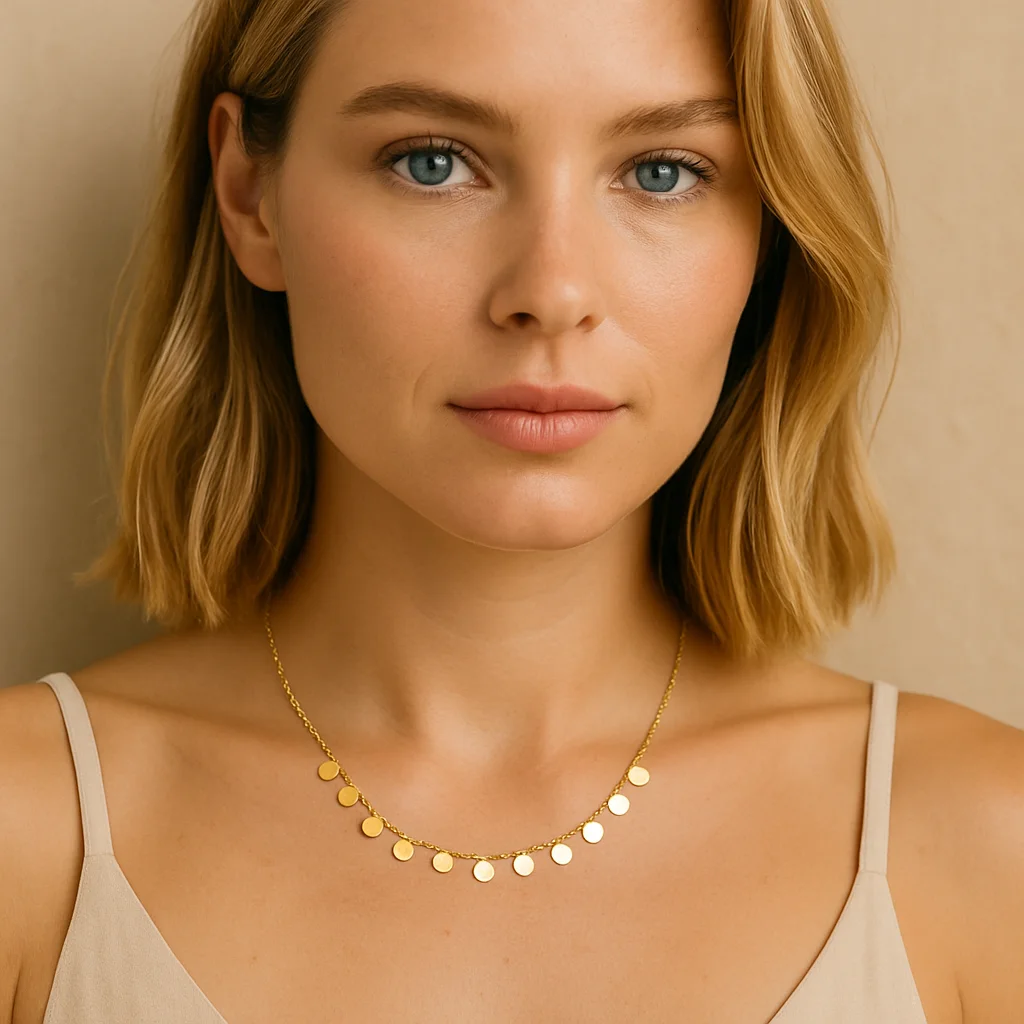 femme avec collier ras du cou avec medailles