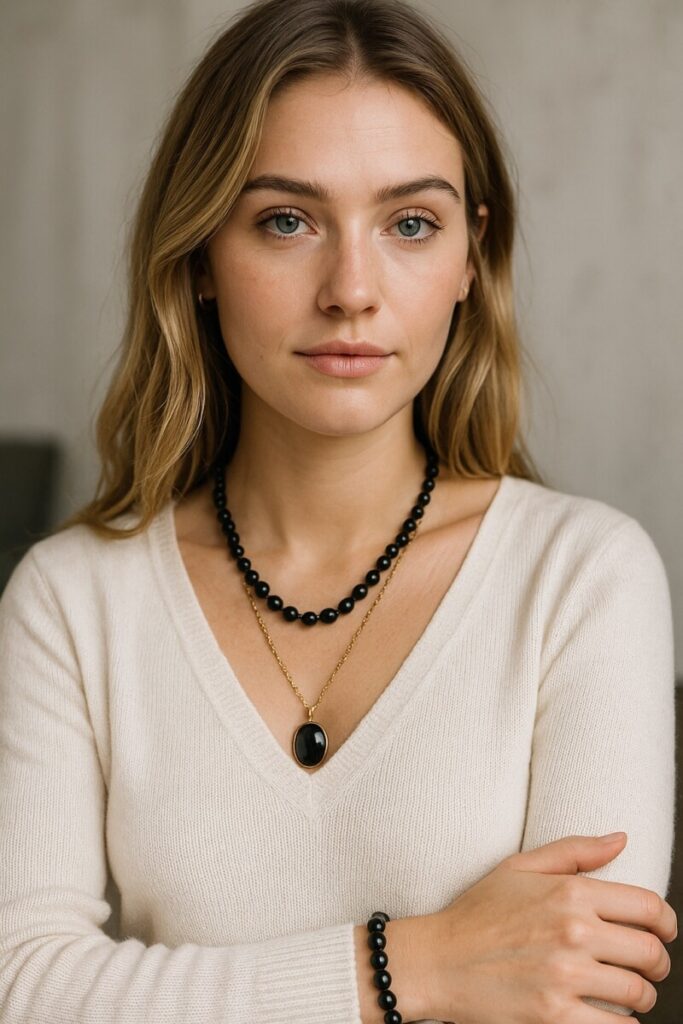 Bijoux obsidienne noire: femme avec bijoux pierre naturelle obsidianne noire: collier, bracelet et bague