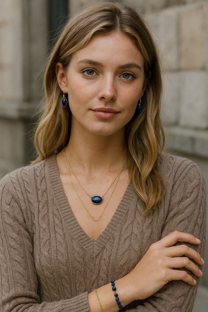 femme avec bijoux lapis lazuli 