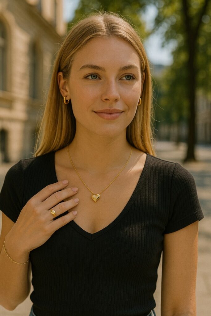 femme avec bijoux coeur doré 