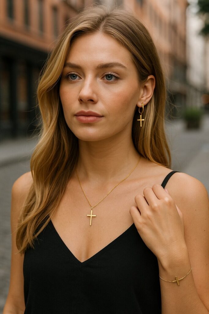 femme avec parure bijoux croix 