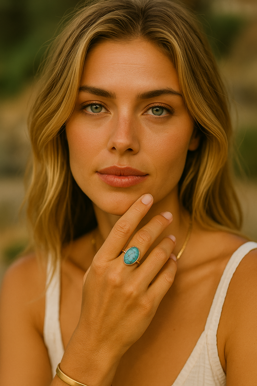 femme avec bague pierre turquoise