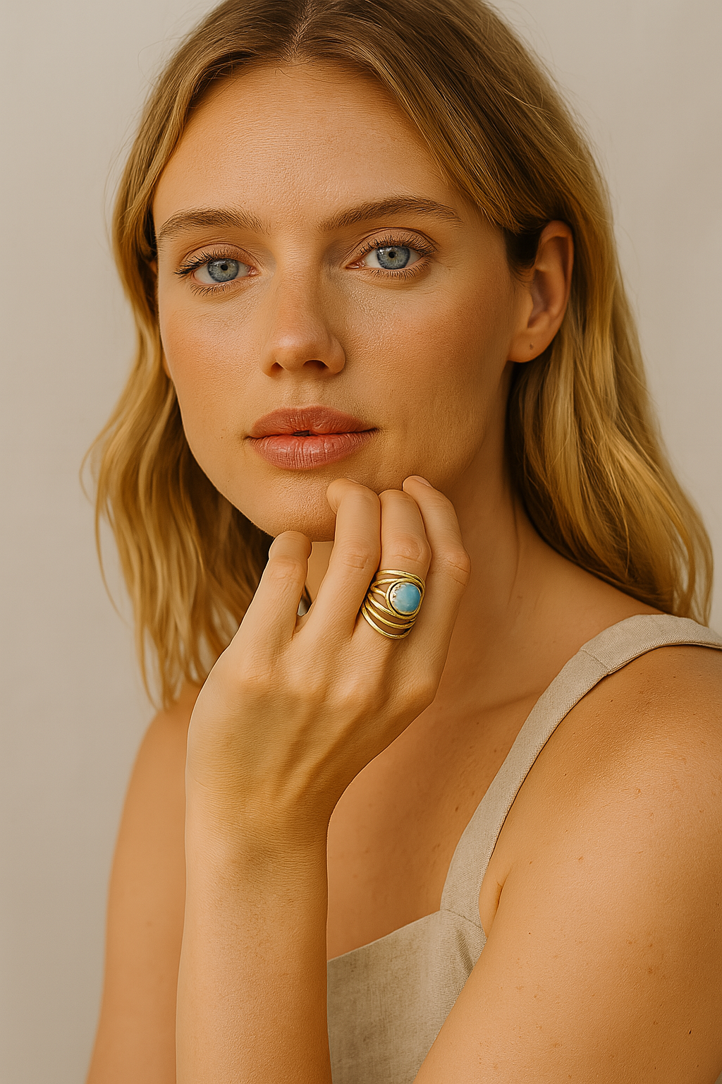 femme avec grosse bague pierre bleue